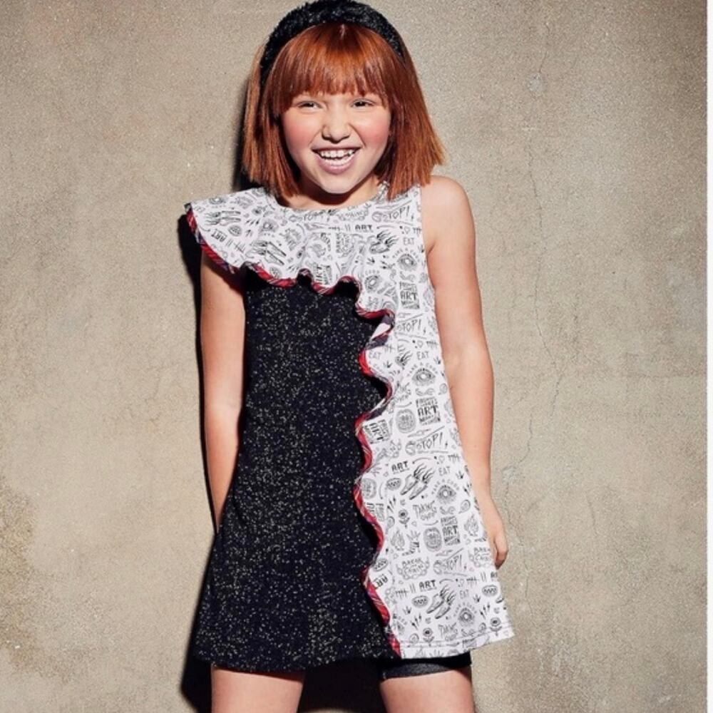 Disney Cruella Girls Dress Size 9/10 Black White Graffiti Red Ruffle